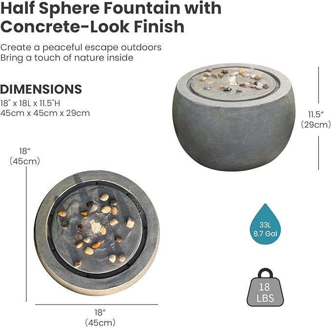 Solar Water Fountain Outdoor Garden Bubbler Water Feature Fountains Solar Powered with Pebbles for Patio Deck Yard Home Decor Gray, 18 "L x 18" W x 11.5" H
