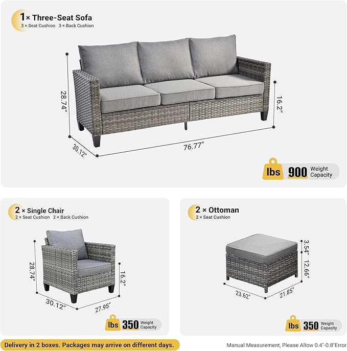 ovios Patio Furniture Set, 5 Pieces Outdoor Wicker Sofa Couch with Chairs, Ottomans and Comfy Cushions, All Weather High Back Rattan Conversation Set, Dark Grey