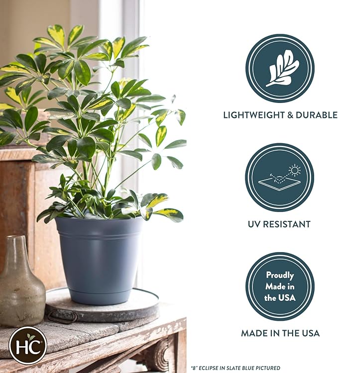 The HC Companies Eclipse Round Planter with Saucer - Outdoor & Indoor Plant Pot with Drainage Holes - Lightweight, UV-Resistant Plastic Pots for Plants, Flowers & Herbs (10" Cottage Stone, Pack of 1)