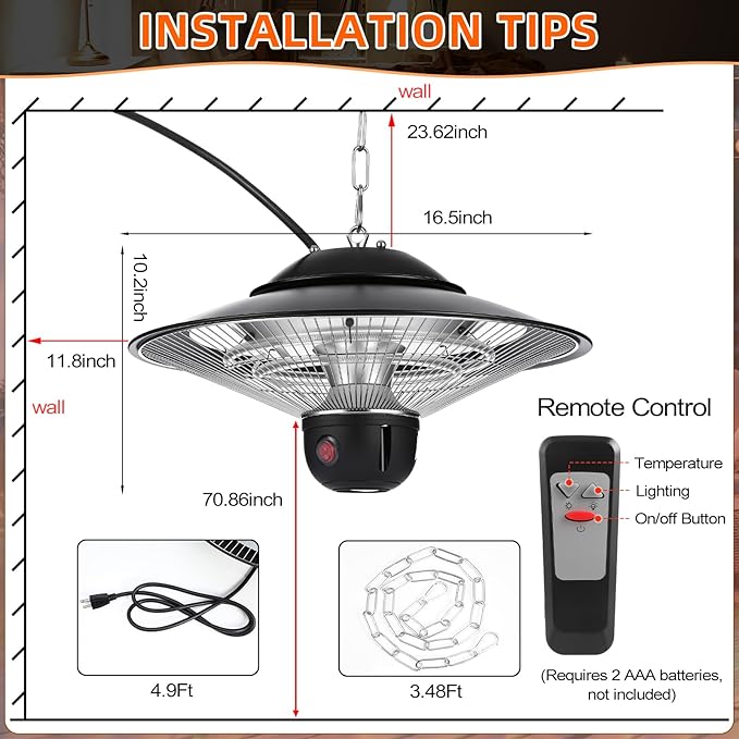 1500w Ceiling Mounted Outdoor Heaters Electric Hanging Infrared Patio Heater with Remote Control, Dust Cover and Adjustable Chain, 3 Adjustable Modes for Garage, Gazebo, Balcony, Courtyard