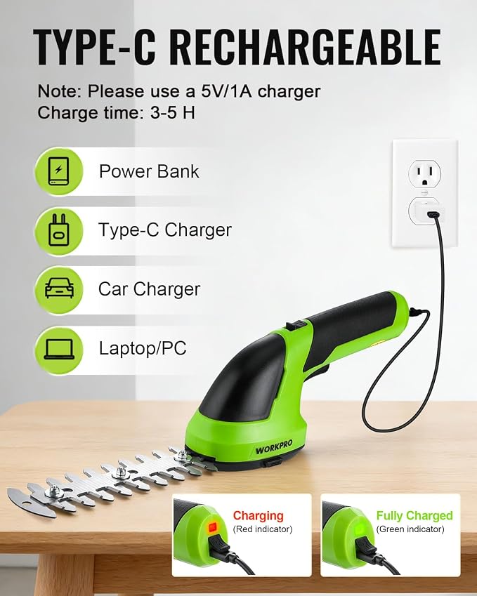 WORKPRO Cordless Grass Shear & Shrubbery Trimmer - 2 in 1 Handheld 7.2V Electric Grass Trimmer Hedge Shears/Grass Cutter Rechargeable Lithium-Ion Battery and Type-C Cable Included - Image 5