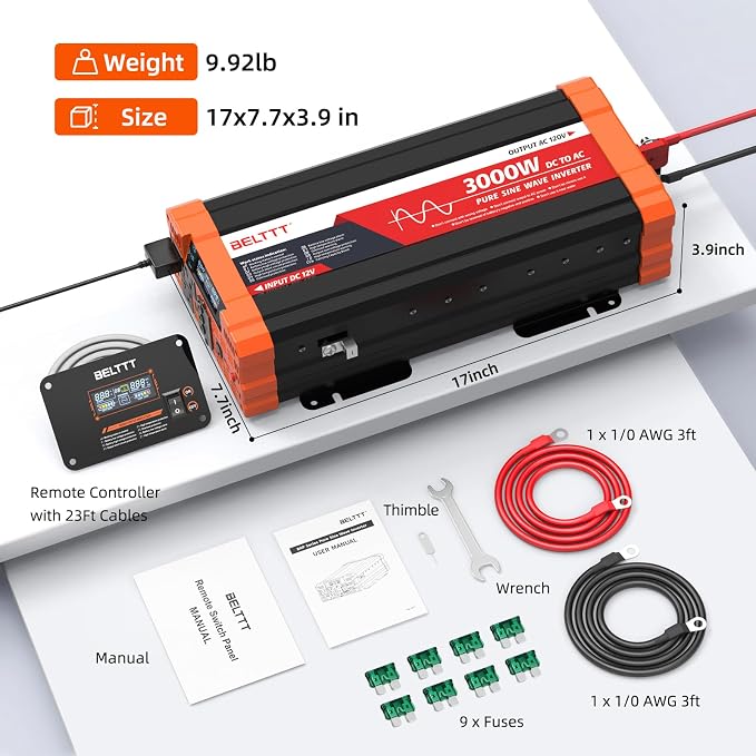 BELTTT 3000W Pure Sine Wave Inverter 12V DC to 120V AC for Solar, Off-Grid, RV, Truck, Home, Power Inverter with Dual AC, 20A Socket, 5V 2.1A USB, Hardwire Port, Remote Controller 23Ft Cable - Image 8