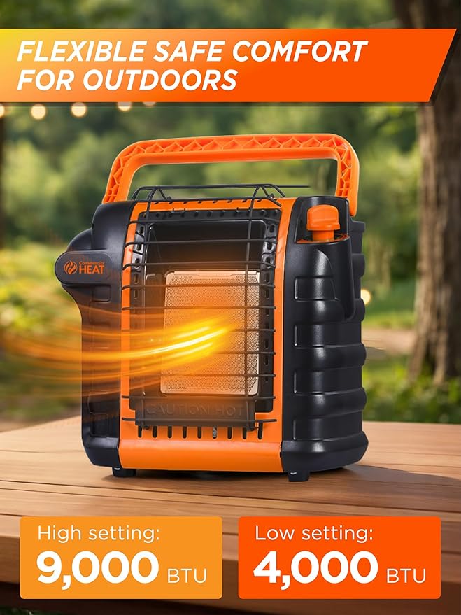 9000 BTU Portable Propane Heater for Outdoor Use, Patio Heater for Up To 300 Sq. Ft., 2 Heat Settings, Swivel Regulator Connects to 1 lb. Propane Tank, CHP9000O, Orange