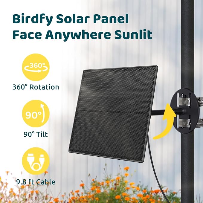 Birdfy 8W Solar Panel for Smart Bird Feeder Camera, Type-C Charger for Birdfy Feeder, 360° Adjustable Swivel Mount, IP65 Waterproof for Outdoors, 8W Continuously Power Supply (9.8ft Standard Cable) - Image 3