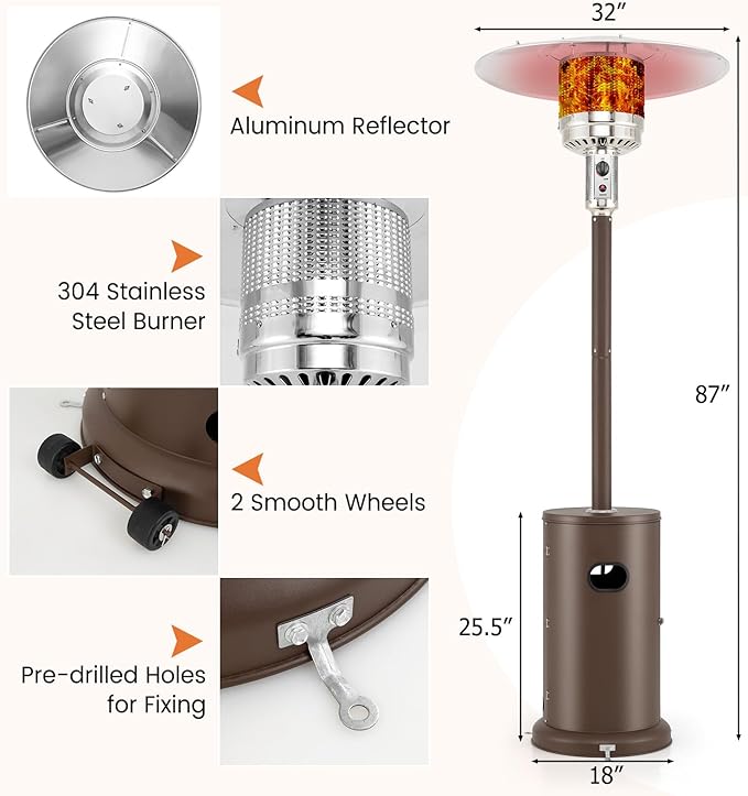 Happygrill 50,000 BTU Outdoor Heater, Round Propane Patio Heater with Stainless Steel Burner, Tip-Over & Flame-Out Protection & Wheels, Outdoor Heaters for Patio (Brown)