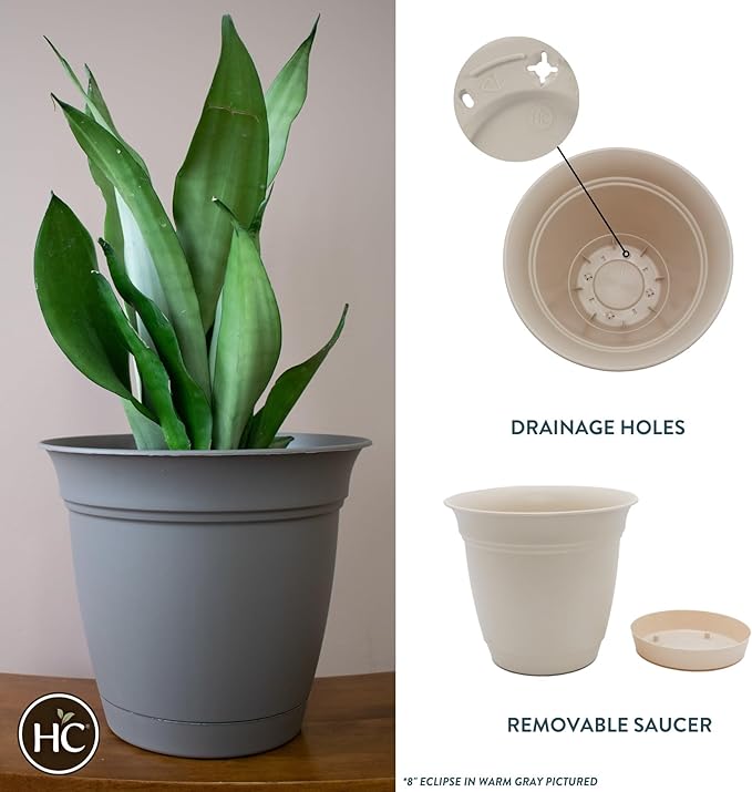 The HC Companies Eclipse Round Planter with Saucer - Outdoor & Indoor Plant Pot with Drainage Holes - Lightweight, UV-Resistant Plastic Pots for Plants, Flowers & Herbs (6?€? Cottage Stone, Pack of 1)