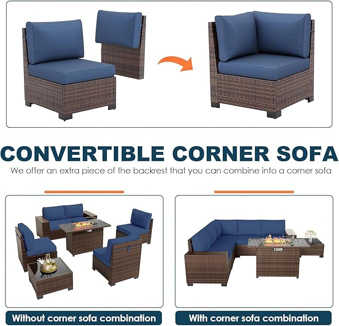 7 Piece Patio Furniture Set with Fire Pit Table, Outdoor Conversation Sets Wicker Rattan Sectional Sofa with Coffee Table for Patio Garden Backyard, 4'' Thickened Cushion Navy Blue