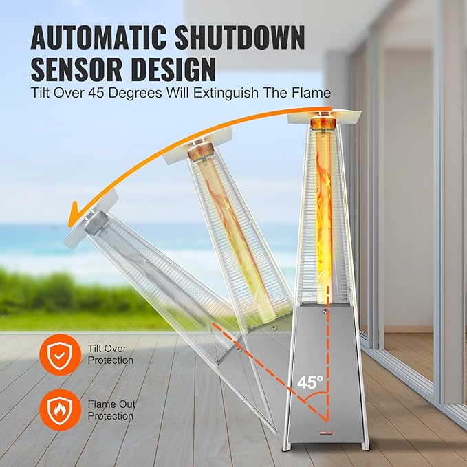 VEVOR Patio Heater for Outdoor Use, 48000BTU Pyramid Propane Heater w/Wheels, Quartz Glass Tube Outdoor Patio Flame Heater for Patio, Party, Backyard, Garden, Decoration, Silver