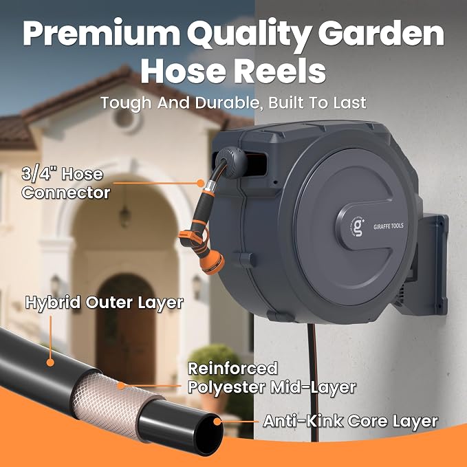 Giraffe Tools AW30 Wall Mounted 1/2" x 100 ft Garden Hose Reel, Retractable Water Hose Reel, Automatic Rewind & Lock at Any Length - Image 6
