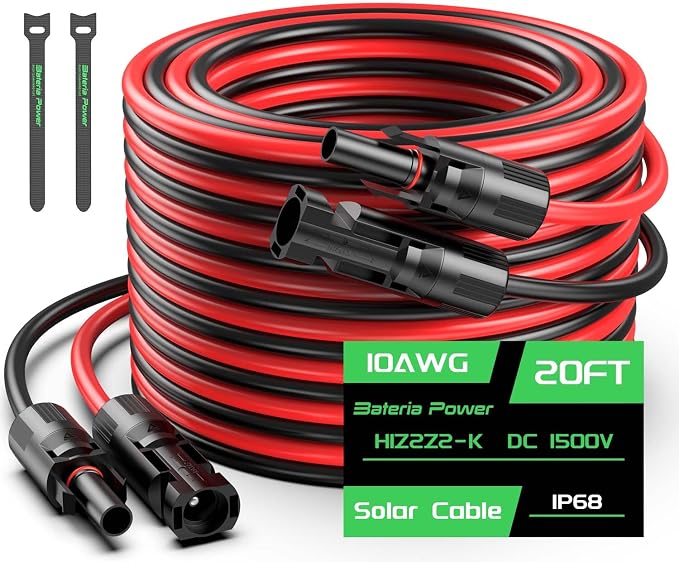 20FT 10AWG Solar Panel Extension Cable, Bateria Power 6mm² Solar Extension Cable Wire with Female & Male Waterproof Connectors for RV, Photovoltaic Systems, Set of 2 by BateriaPower
