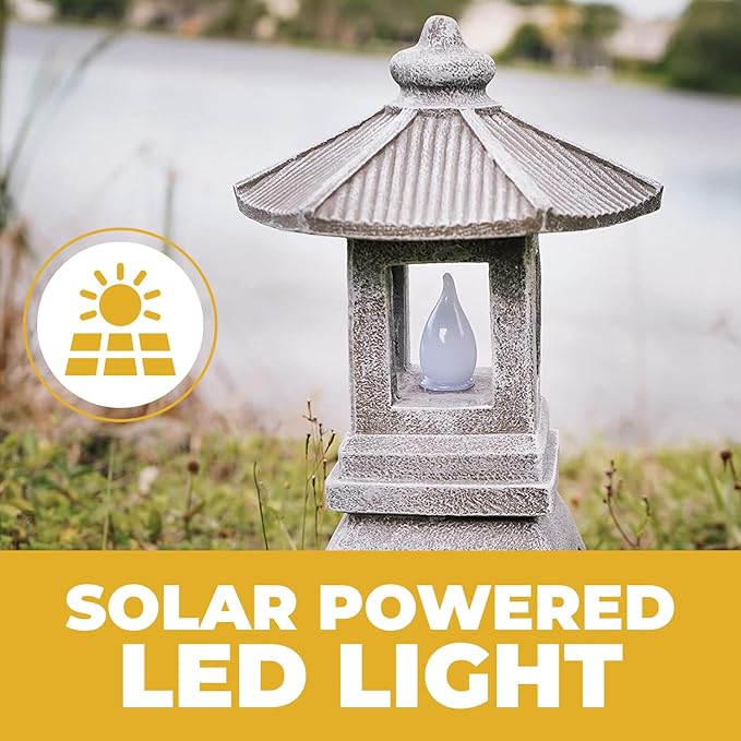 VP Home Pagoda Garden Statue, Solar Powered Statue Japanese Garden Decor, Outdoor Zen Garden Lantern, Flickering LED Garden Light (Tranquil Pagoda) (Pack of 2)