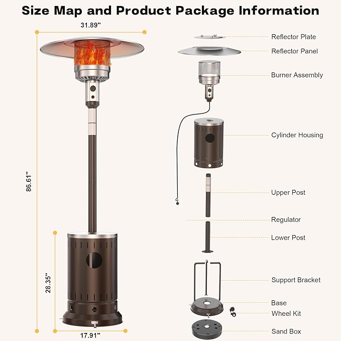50,000 BTU Patio Heater - Propane Patio Heater with Sand Box, Double-Layer Stainless Steel Burner Space Heater, Outdoor Heaters with Wheels, Used for Garden, Patio and Residential, Brown