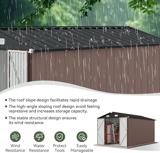 Aoxun 12x7.5 FT Shed Outdoor Storage Shed with Spacious Door Large Sheds with Double Lockable Door Galvanized Metal Shed for Garbage Can, Bike, Mower, Brown - Image 3