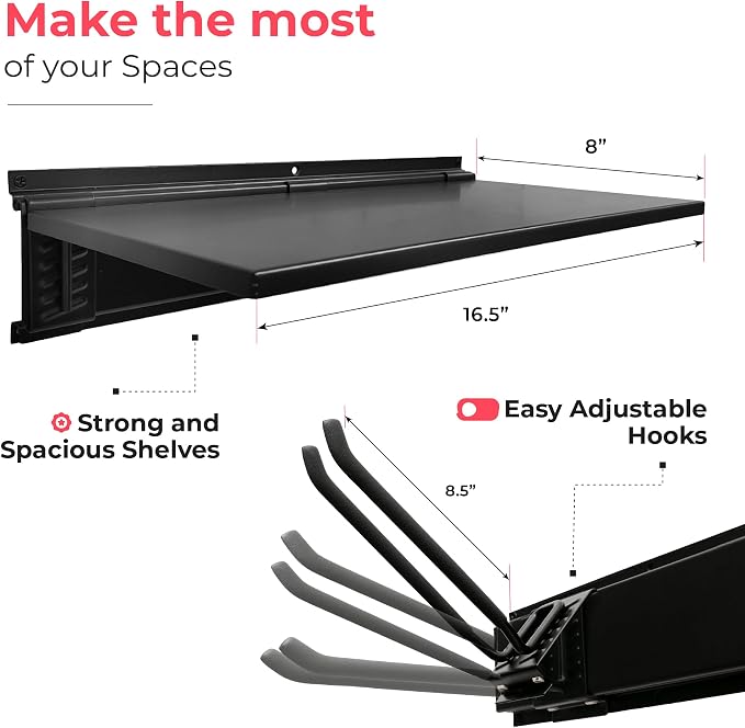 Heavy-Duty Garage Wall Storage System | Wall Mounted Tool Organizer Rack with Shelving | 10-Piece Mounting Kit | Includes 4x8.5” Adjustable Hooks & 2x16.5” Floating Utility Shelves - Image 6