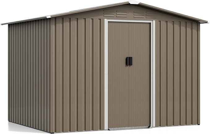 Kurapika 8×6 FT Metal Outdoor Storage Shed Large Tool Shed with Floor, Lockable Door, for Garden, Patio, Backyard, Lawn(Brown) by Kurapikafurniture