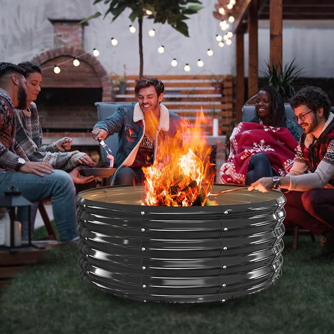 YSEJOMP 40 Inch Round Galvanized Fire Pit Ring/Fire Ring - Foldable and Perfect for Outdoor Gatherings and Campfires in The Yard/Garden/Park/Beach (Black+Gray, 3.3 FT Diameter+1.5 FT Tall) - Image 2