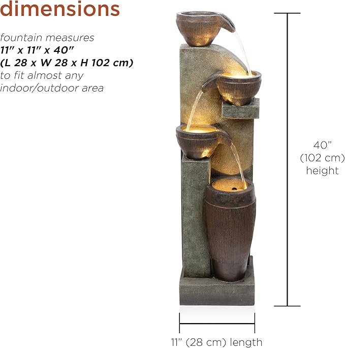 Alpine Corporation 40” Tall Indoor/Outdoor 4-Tier Fountain with LED Lights, Cascading Pot and Bowl Water Feature, Elegant Waterfall for Garden, Patio & Home, Brown