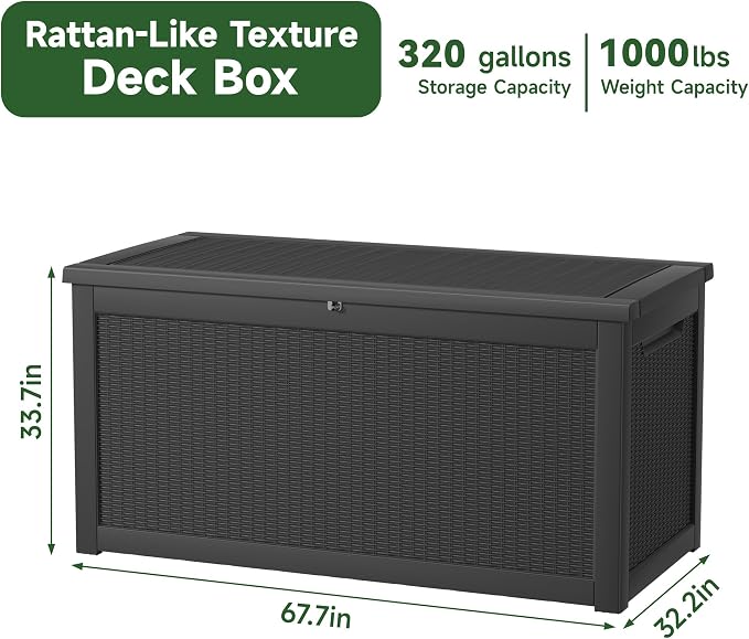 PatioZen 260 Gallon Resin Deck Box, Lockable Patio Outdoor Storage Box for Furniture, Garden Tools and Tools Storage, Waterproof Outside Storage Boxes - Black - Image 7