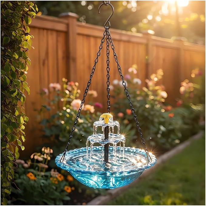 2026 Solar Cascade Hanging Bird Bath Fountain Solar Powered Birdbath Water Fountain Pumps Dispenser Outdoors Decor Hummingbird Bath Shower Bowl Kit Garden Gift Yard Patio Backyard Decoration (Blue)