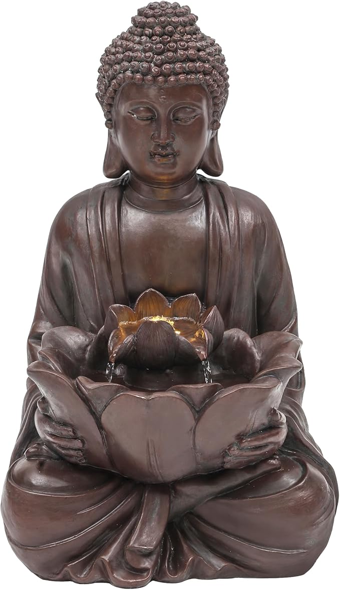 18.9" H Buddha Outdoor Water Fountain, Zen Style Garden Fountain with LED Lights and Pump, Relaxing Waterfall for Patio, Porch, or Yard Decor, Faux Bronze