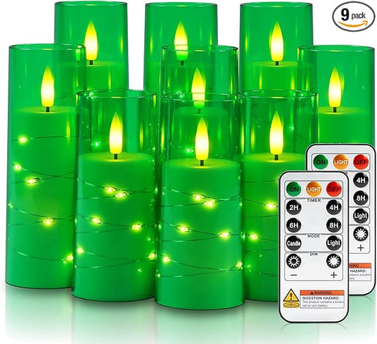 Raycare St. Patrick's Day Flameless Candle with Remote Timer – 9 Flickering Acrylic Battery Operated LED Pillar Candles with Embedded Star String for Home Decor, and as a Gift(Green)