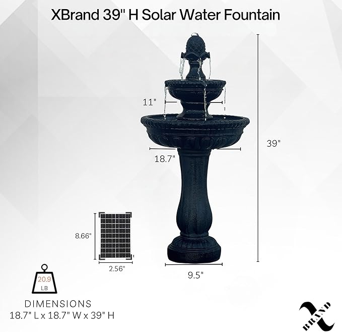 XBrand 39" 2-Tier Outdoor Freestanding Solar Water Fountain - Classic Design, Black Resin Bird Bath with Pump - Ideal for Yard, Lawn and Garden, Porch Décor