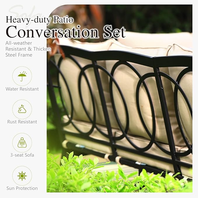Sophia & William Metal Patio Furniture Set, Outdoor Conversation Set 7 Seats with 3-Seater Sofa, 2 Sofal Chairs, 2 Ottoman,1 Coffee Table for Seating Lawn Porch Backyard,Beige