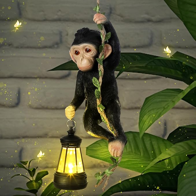 Solar Light Outdoor Monkey Statues Black 7.48 Inch Resin Chimpanzee Baby Monkey Climbing on Vine with LED Lantern Waterproof Hanging Figurine with Hook for Yard Garden Wall