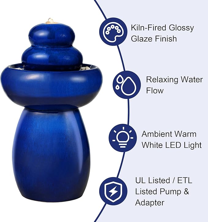 Glitzhome 22" H Zen-Style Outdoor Ceramic Fountain, 3 Tier Pedestal Cascading Water Fountains with LED Light & Pump, Cobalt Blue Pebbles Garden Fountains Waterfalls for Patio, Deck, Porch Decor