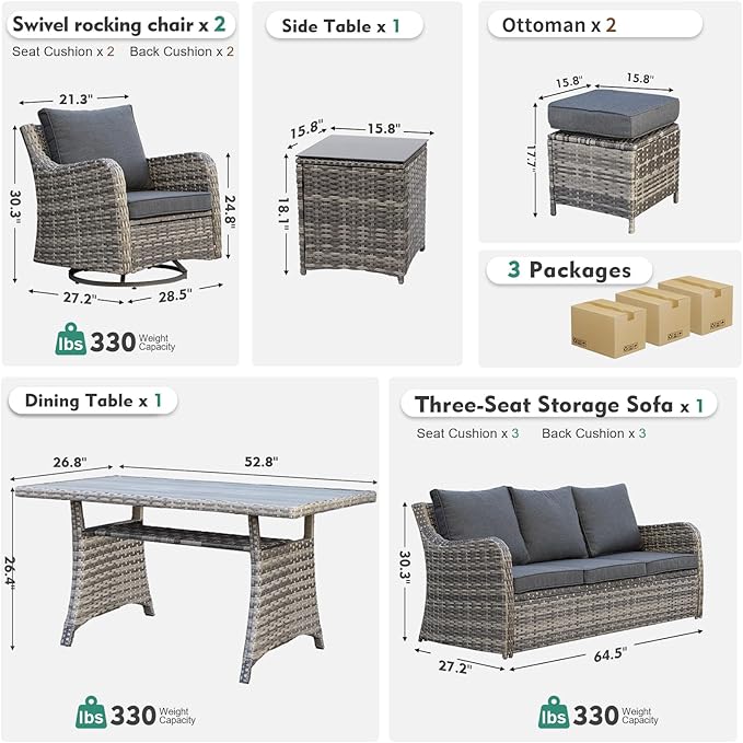 MEISSALIVVE Outdoor Patio Furniture Set with Swivel Chairs, 7 Pieces Rattan Wicker Sectional Swivel Rocker Chairs Sets with Waterproof Cushions for Lawn Backyard Porch (Grey)