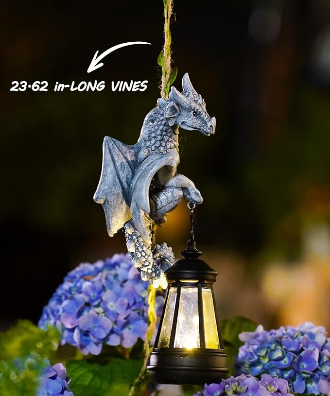 Nacome Dragon Outdoor Statues for Garden: Outside Hanging Climbing Sculptures with Lantern Decor for Yard Art Porch Balcony - Birthday Gifts for Grandma Mom Women