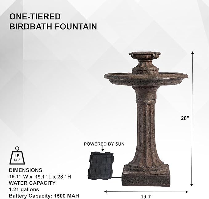 XBrand 28" Solar Powered 1-Tier Outdoor Bird Bath Water Fountain, Resin Fountain with Solar Panel Pump, Brown