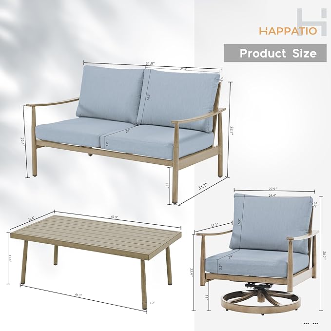 HAPPATIO Patio Outdoor Furniture Set - 4 Piece Aluminum Patio Conversation Set with 1 Coffee Table, 2 Swivel Chairs and 1 Loveseat, Aluminum Outdoor Furniture Set for Backyard Deck Poolside (Brown)