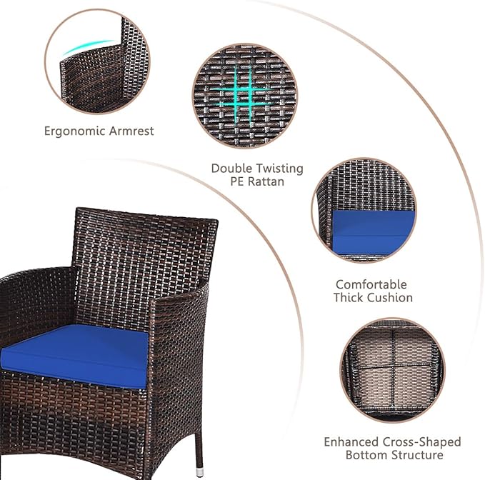 HAPPYGRILL 3 Piece Patio Furniture Set Outdoor Rattan Wicker Conversation Set with Coffee Table Chairs & Thick Cushions Bistro Sets for Patio Garden Lawn Backyard Pool
