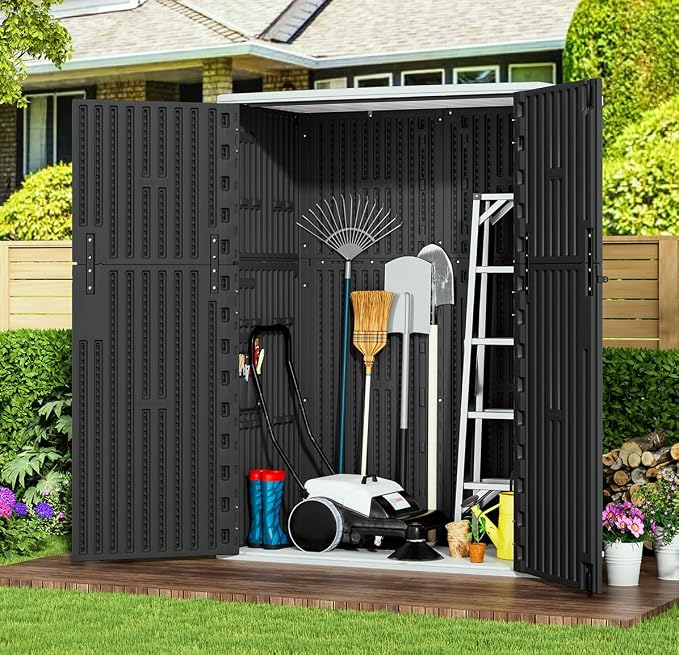 KINYING Outdoor Storage Cabinet Waterproof, 57 Cu.ft Resin Vertical Outdoor Storage Shed for Patio Furniture, Garden Tools, Pool Accessories, Mower Storage (Black) - Image 2