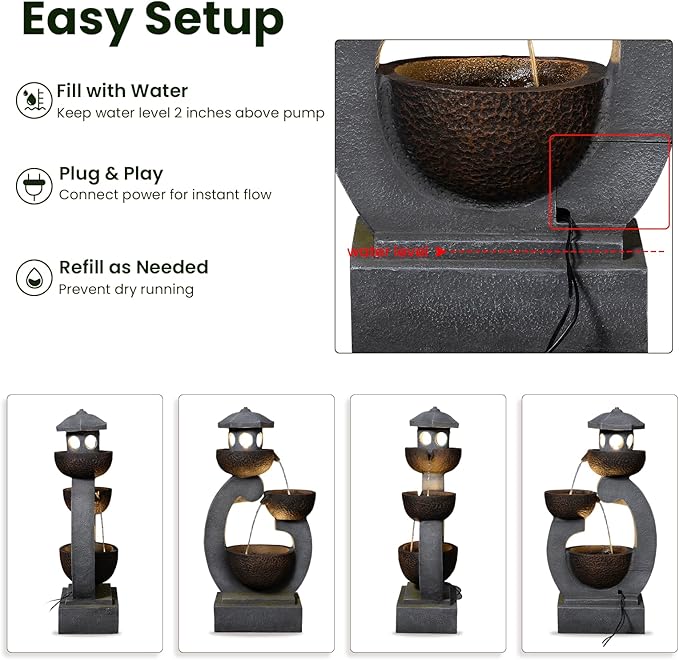 36 inches Garden Water Fountain Outdoor Zen Pagoda Japaness Modern Tranquil Waterfalls Fountains Bowl with LED Lights & Pump for Patio Yard Porch Deck Home Decor Gray