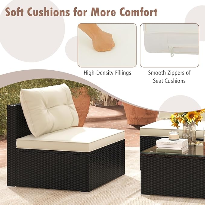 Tangkula 5 Piece Rattan Sofa Set, Patiojoy Outdoor Wicker Furniture Set with Seat & Back Cushions, Square Coffee Table, Patio Sectional Sofa Set for Backyard, Poolside, Garden