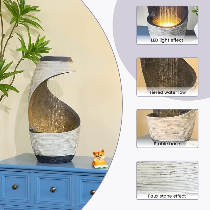 Modern Free Standing Water Fountain, Spiral Indoor Water Feature Waterfall for Patio, Balconies, Lawns, Desk 20" H Garden Fountain with Cascading Waterfall and LED Light, Home Decor