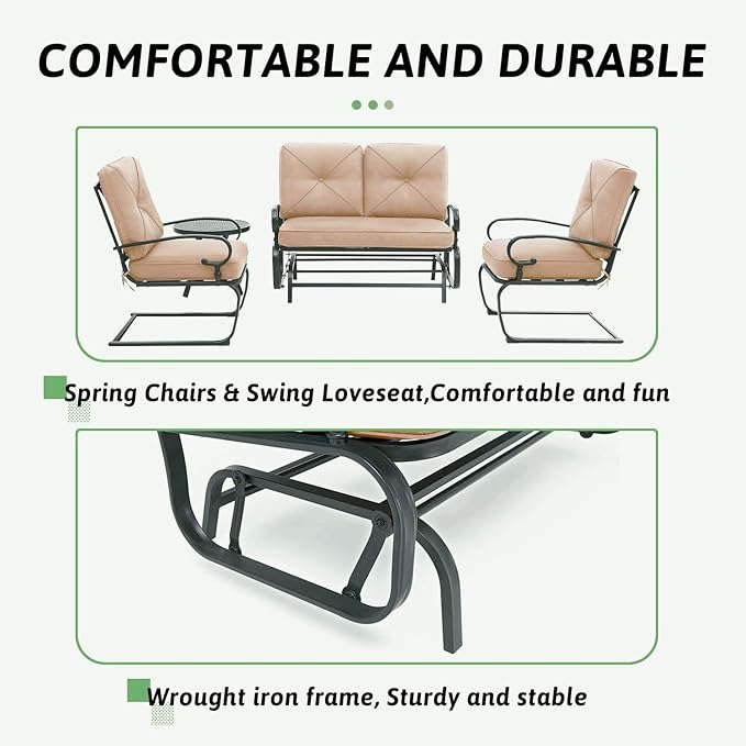SOLAURA 4-Piece Outdoor Furniture Patio Conversation Sets Swing Glider Loveseat and Spring Lounge Chairs with Side Table for Garden, Deck, Balcony, Poolside, Lawns (Brown)
