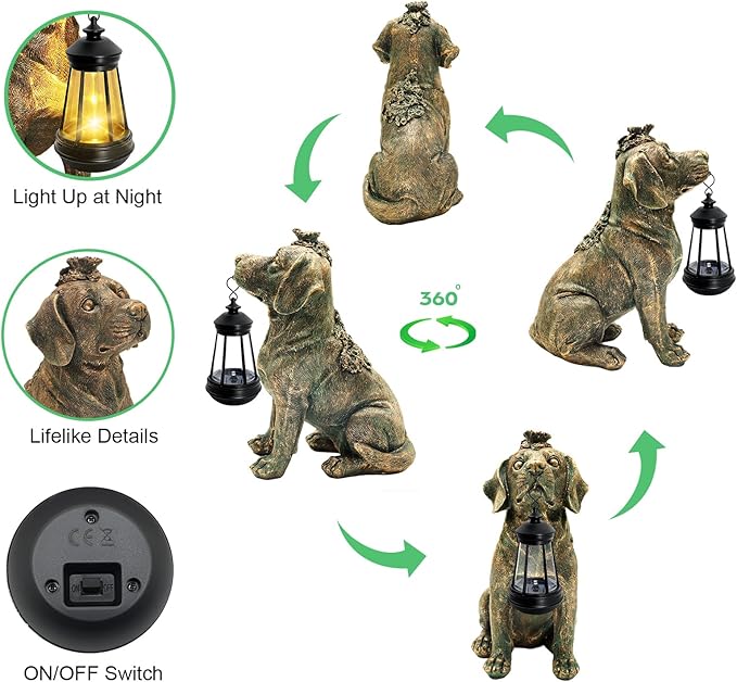 Solar Garden Statue Dog Figurine Decor with Lantern Lights, Outdoor Decoration Solar Dog Sculptures for Outside Patio Lawn Balcony Yard Ornament, Dogs Lover Gifts for Women Mom Grandma Birthday