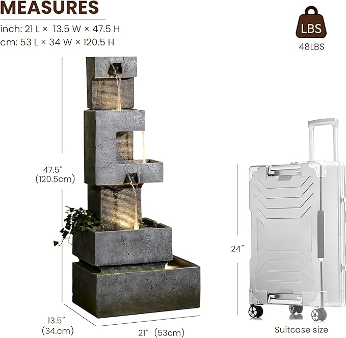 48 inches Outdoor Water Fountain Tiered Large Waterfall Freestanding Cascade Fountains Modern Geometric Effects with LED Lights for Garden Patio Yard Pool Home Decor Gray