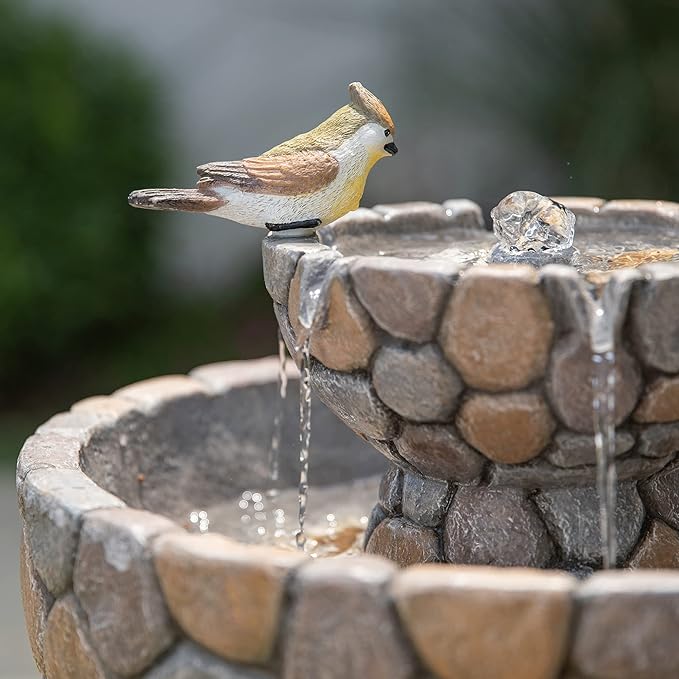Glitzhome 2-Tier Stone Like Outdoor Water Fountain with Birds, Bird Bath Outdoor Waterfall Fountain Decor, Freestanding Water Fountains with Pump for Garden Yard Patio Porch, 24.41”H
