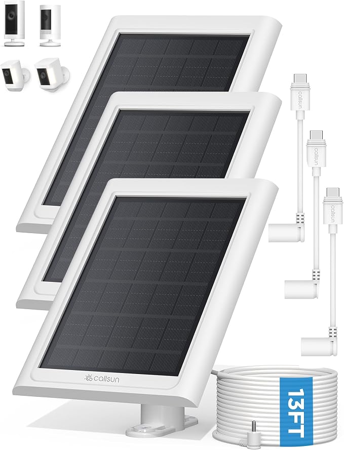 Solar Panel for Ring Camera, 3 Pack Solar Charger Compatible with Ring Stick Up and Spotlight Plus/Pro Outdoor Cam Battery, IP68 Waterproof 13ft Cable with Ring Barrel Plug to USB-C Adapter by Callsun