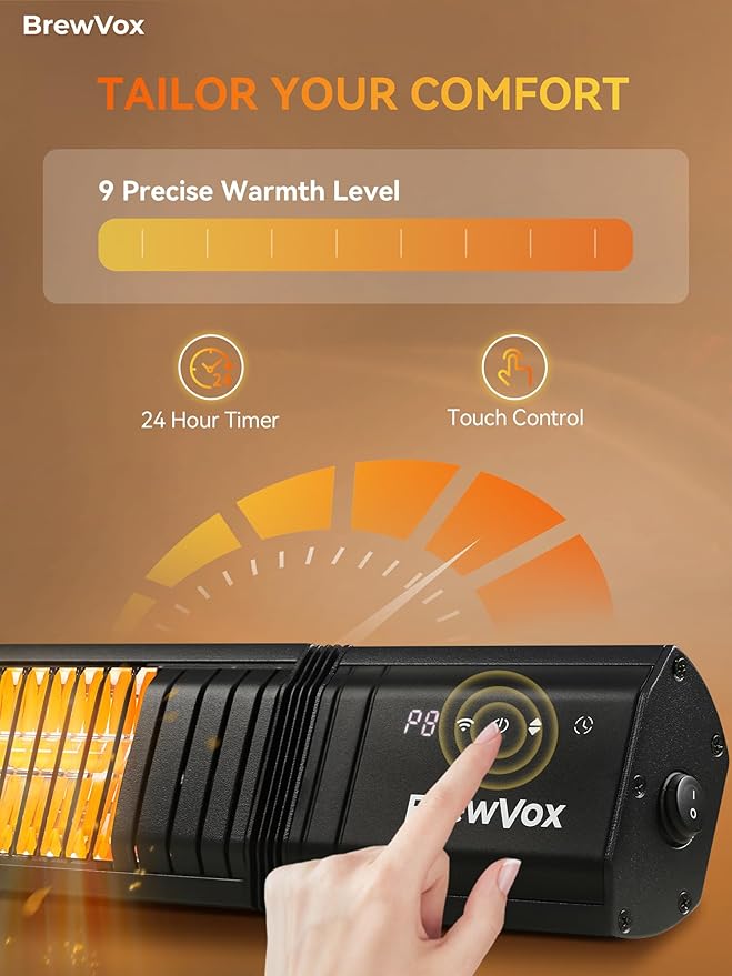 1500W Carbon Infrared Electric Outdoor Patio Heater, 9 Level Instant Warmth, Smart App-Controlled Remote On/Off, IP65 Weatherproof, 24H Timer for Living Room, Bedroom, Garage