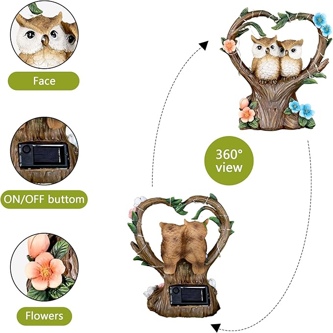 Owl Statue with Solar Lights Outdoor Decor, Resin Owls Figurines for Garden Patio Lawn Decorations, Christmas Birthday Gifts for Women Friends (7.6Inches)