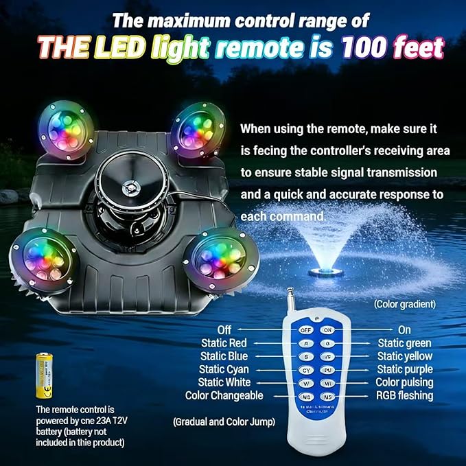 Pond Fountain Aerator with Lights 750W 110V 1 HP with Dynamic RGB Lighting 9 Adjustable Modes Digital Timer | 15,000 GPH 100FT Cord - for Large Ponds Lakes & Outdoor Water Features