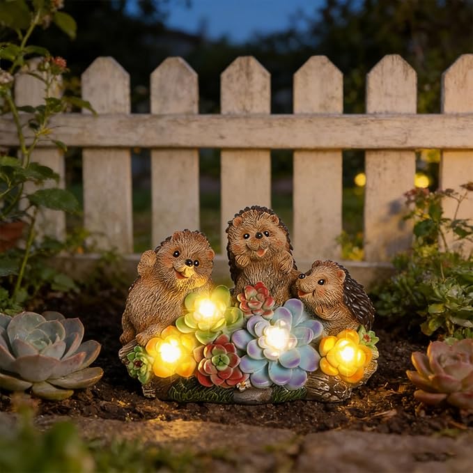 3 Hedgehog Solar Garden Statues with Succulent Animal Figurines Resin Hedgehog Decor Outdoor Statues, Ideal Decoration for Lawn Patio Yard, Gifts for Men Women