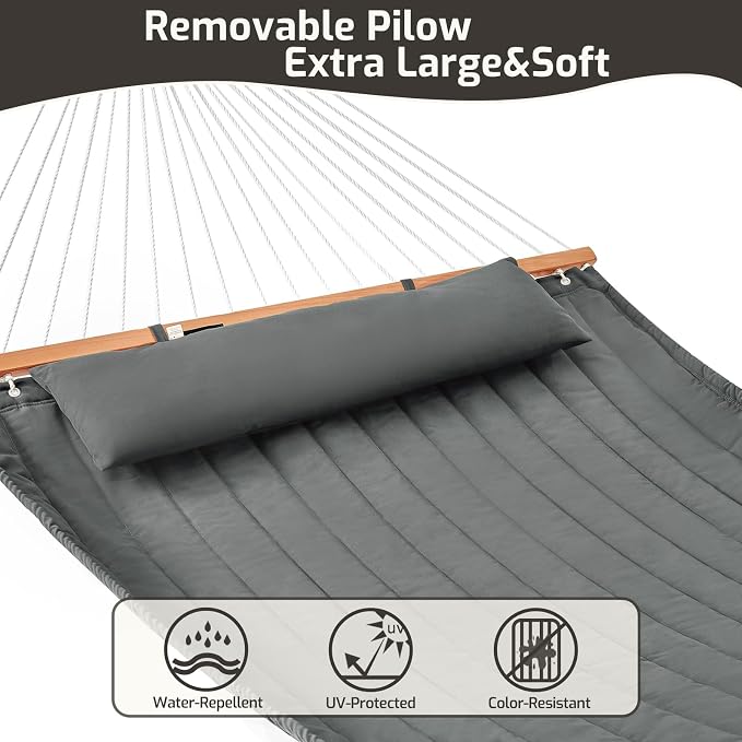 CHULIM Double Quilted Fabric Hammock with Hardwood Spreader Bars and Pillow 450 LBS Capacity 2 Person Large Hammock for Outdoor Patio Backyard Poolside - Dark Grey - Image 4