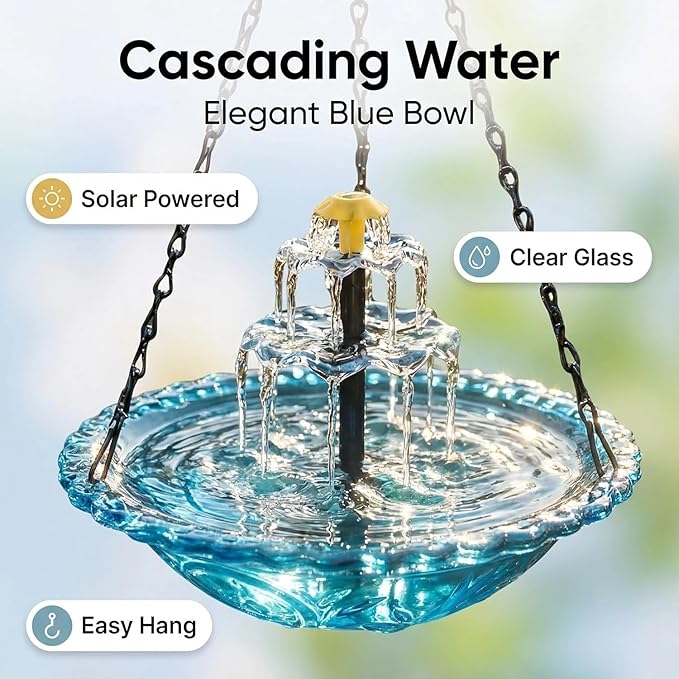 Solar Cascade Hanging Bird Bath Fountain, Tiered Cascade Solar Water Fountains No Wiring, Attracts Hummingbirds & Garden Birds for Outdoors Garden Patio Backyard Lawn Decor (Purple)