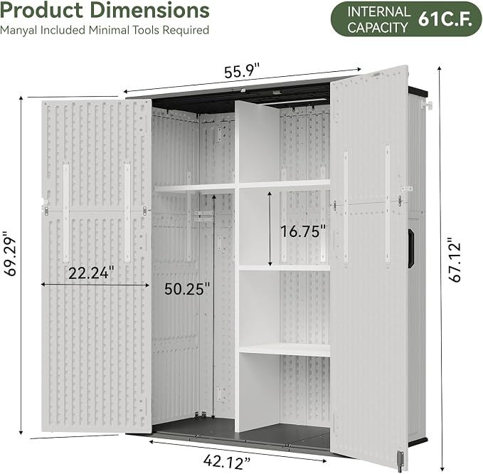Aoxun 61 Cu.Ft Outdoor Storage Shed with Metal Shelving Kit, Widened Outdoor Storage Cabinet Waterproof Vertical Resin Shed with Floor for Garden Tools, Pool Equipment, Easy to Assemble (White) - Image 2